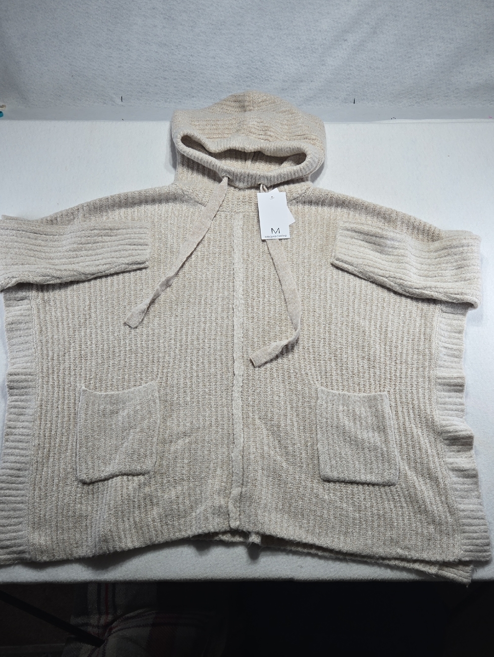Ribbed Knit Hooded Poncho in Beige